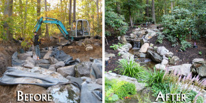 Landscaping design with pond and stream by Emil Kreye & Son, Inc.